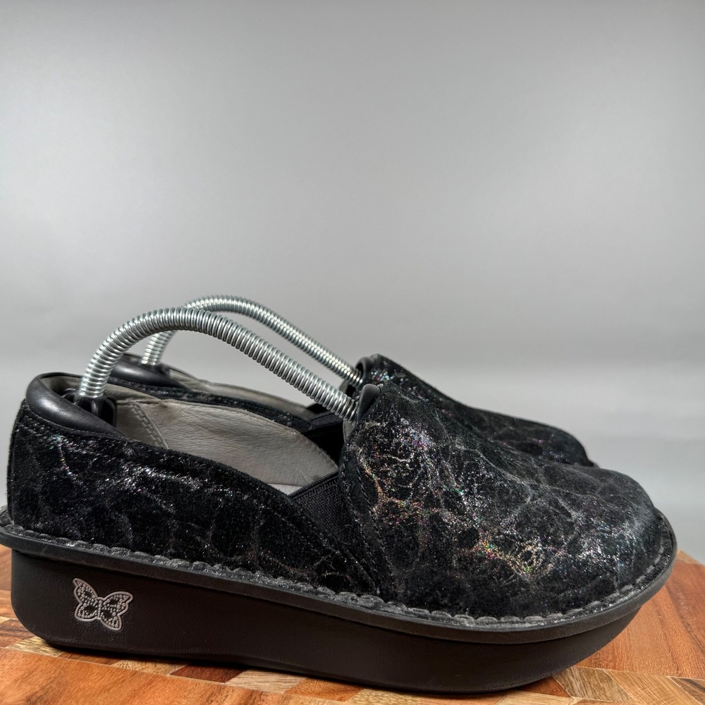 Alegria Duette Black Glitter‎ Leather Slip On Nursing Clog Shoes Womens 36 6